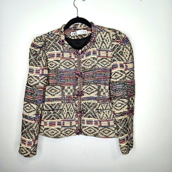 ZARA Jacquard Jacket Sz M Cropped Multicolor Boho Bohemian Multicolor - Picture 4 of 12